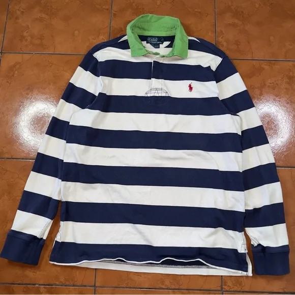 Polo Ralph Lauren Rugby Shirt L Striped Green Collar Custom Fit - Picture 2 of 7
